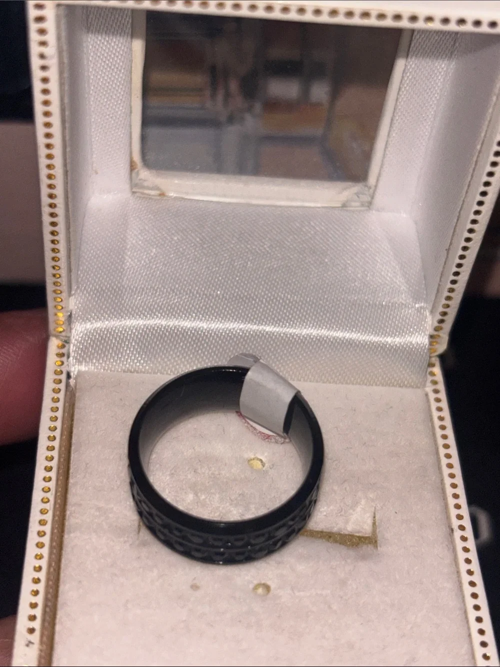 Men's Black Decorative Band Ring with Subtle Textured Pattern Size 5.5